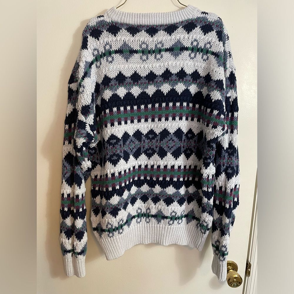 Vintage Men’s 80’s crew Neck long Sleeve heavy Sweater in Blue and White Size L - Picture 2 of 6